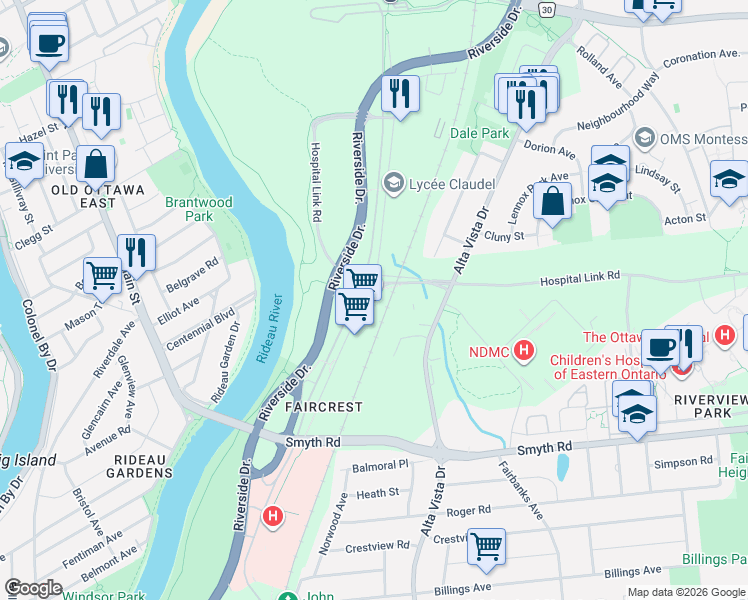 map of restaurants, bars, coffee shops, grocery stores, and more near 1725 Frobisher Lane in Ottawa