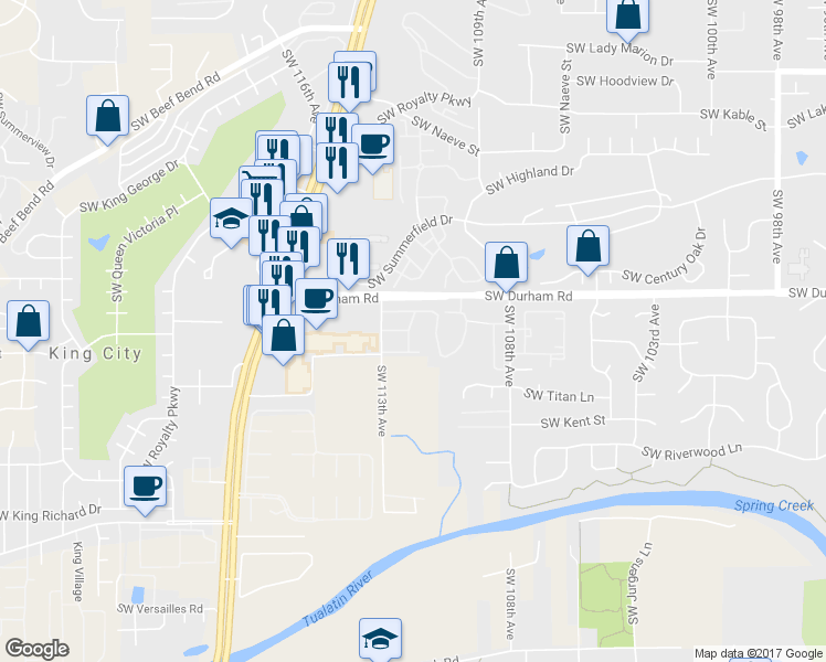 map of restaurants, bars, coffee shops, grocery stores, and more near 16044 Southwest 113th Avenue in Tigard