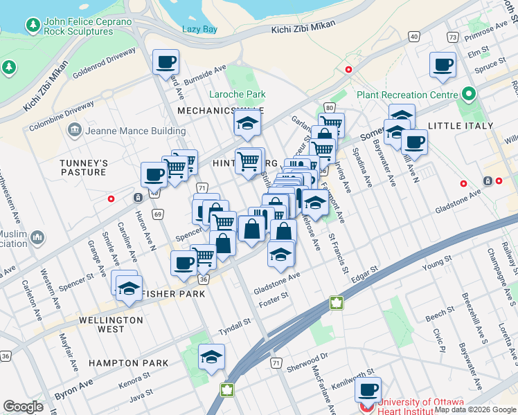 map of restaurants, bars, coffee shops, grocery stores, and more near 266 Carruthers Avenue in Ottawa