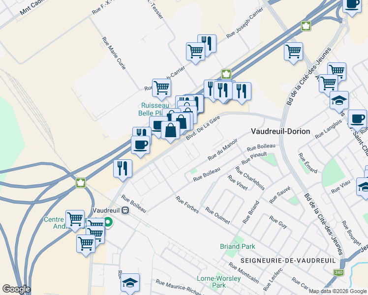 map of restaurants, bars, coffee shops, grocery stores, and more near 3171 Boulevard De La Gare in Vaudreuil-Dorion