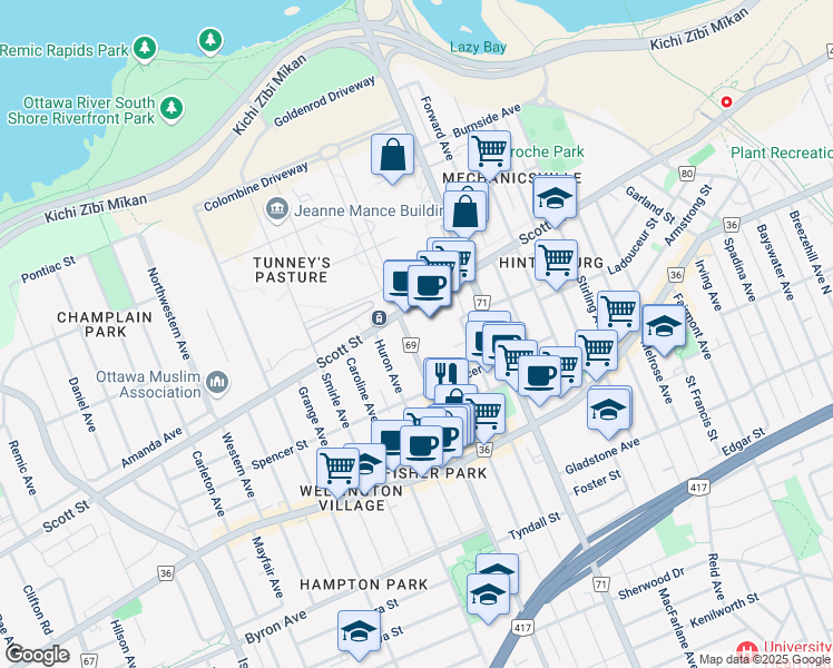 map of restaurants, bars, coffee shops, grocery stores, and more near 1620 Scott Street in Ottawa