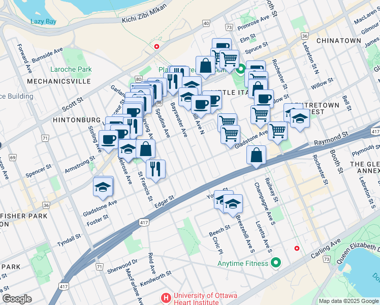 map of restaurants, bars, coffee shops, grocery stores, and more near 126 Bayswater Avenue in Ottawa