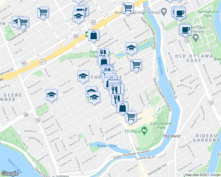 map of restaurants, bars, coffee shops, grocery stores, and more near 780 Bank Street in Ottawa
