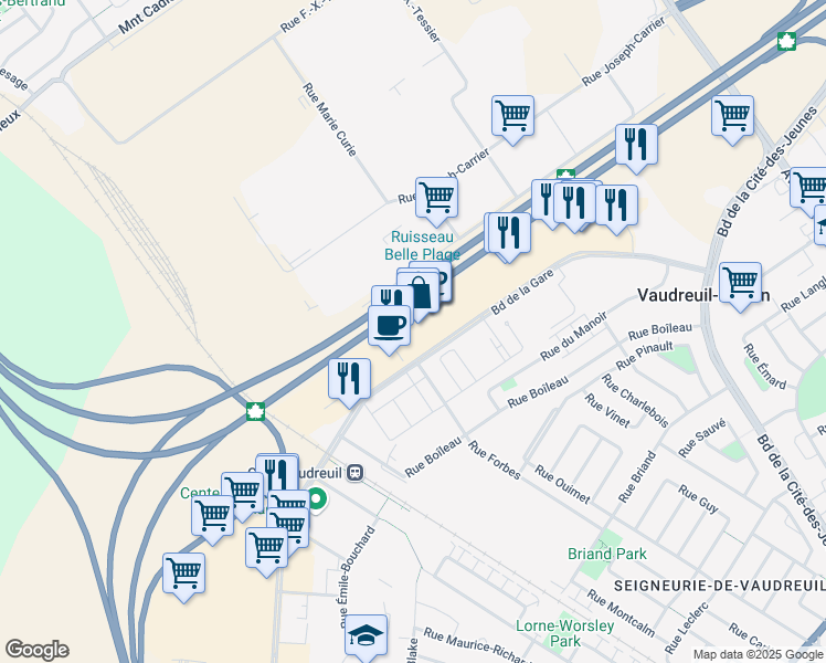 map of restaurants, bars, coffee shops, grocery stores, and more near 3050 Boulevard de la Gare in Vaudreuil-Dorion