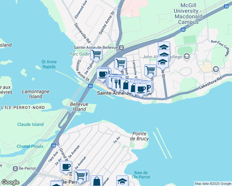 map of restaurants, bars, coffee shops, grocery stores, and more near 94 Rue Sainte Anne in Sainte-Anne-de-Bellevue