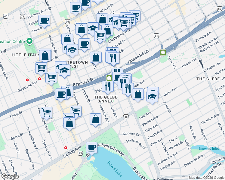 map of restaurants, bars, coffee shops, grocery stores, and more near 446 Cambridge Street South in Ottawa