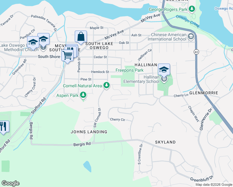 map of restaurants, bars, coffee shops, grocery stores, and more near 1121 Devon Lane in Lake Oswego
