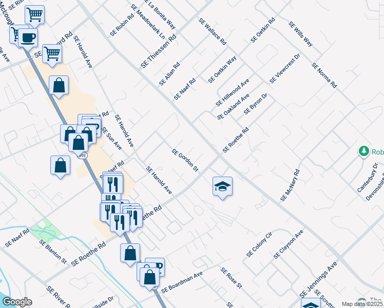 map of restaurants, bars, coffee shops, grocery stores, and more near 16544 Southeast Gordon Court in Milwaukie