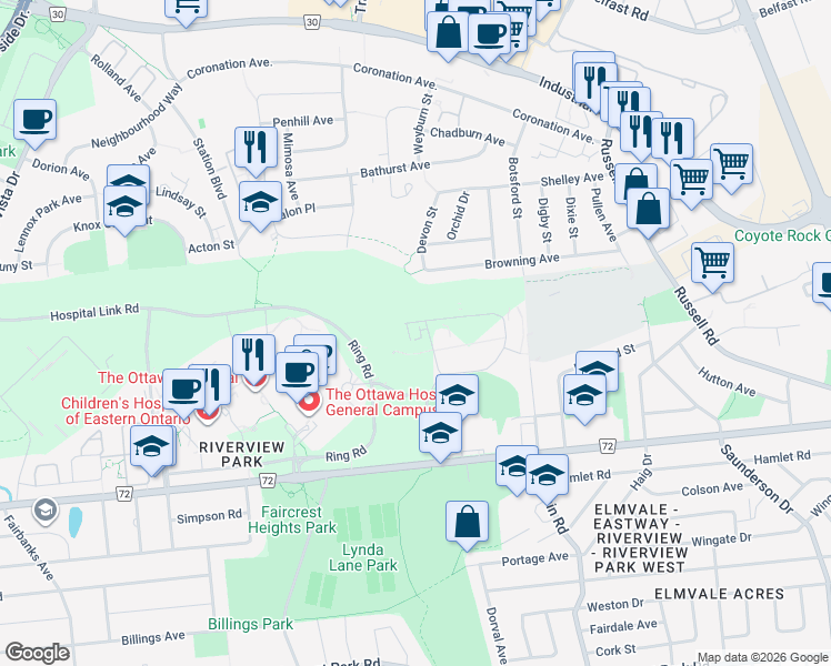 map of restaurants, bars, coffee shops, grocery stores, and more near 100 Roger Guindon Avenue in Ottawa