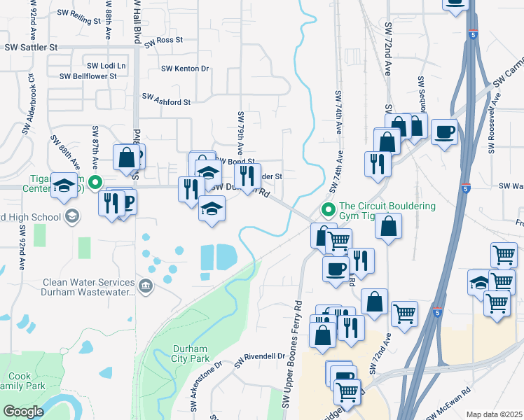 map of restaurants, bars, coffee shops, grocery stores, and more near 7632 Southwest Durham Road in Tigard