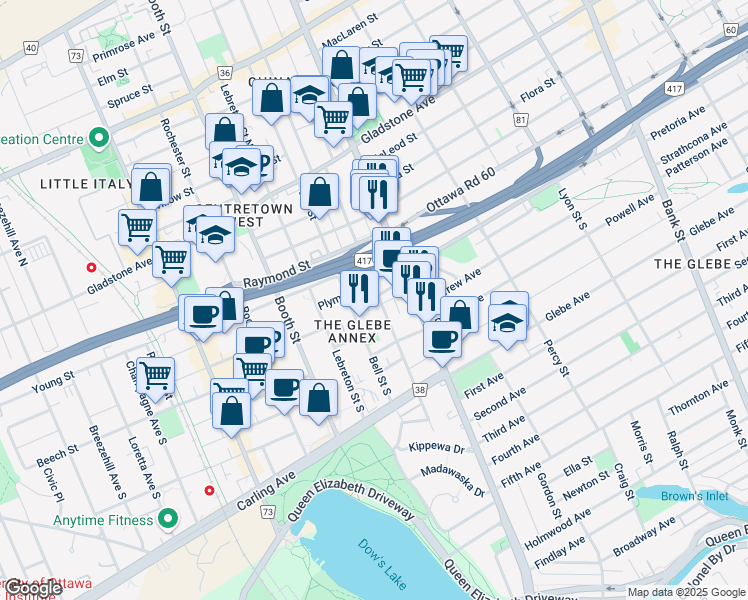 map of restaurants, bars, coffee shops, grocery stores, and more near in Ottawa