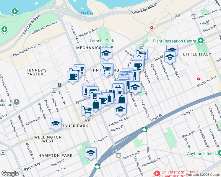 map of restaurants, bars, coffee shops, grocery stores, and more near 226 Carruthers Avenue in Ottawa