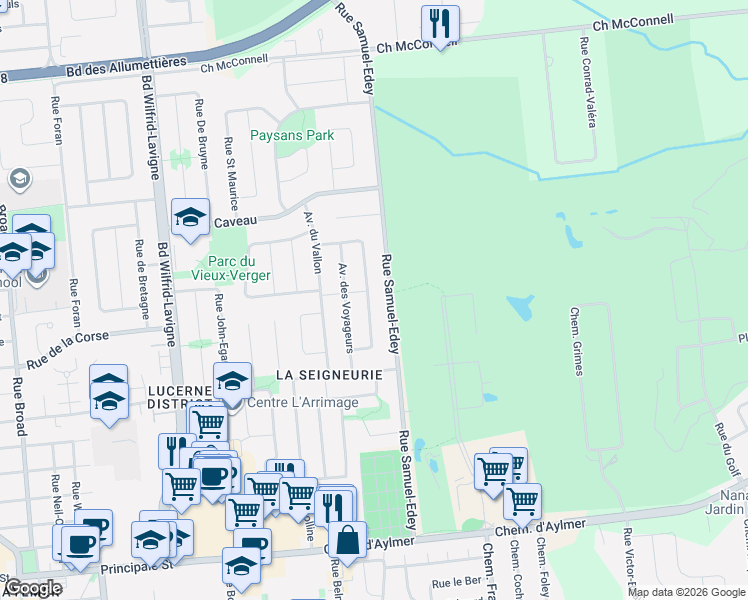 map of restaurants, bars, coffee shops, grocery stores, and more near 225 Avenue du Grand-Calumet in Gatineau