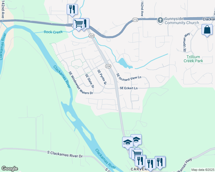 map of restaurants, bars, coffee shops, grocery stores, and more near 16526 Southeast Scoria Lane in Damascus