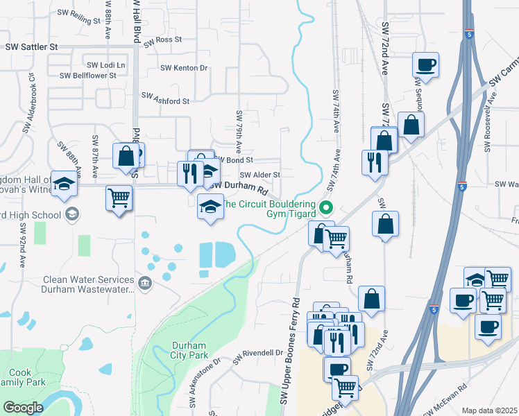 map of restaurants, bars, coffee shops, grocery stores, and more near 7632 Southwest Durham Road in Tigard