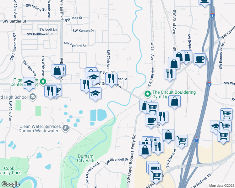 map of restaurants, bars, coffee shops, grocery stores, and more near 7632 Southwest Durham Road in Tigard