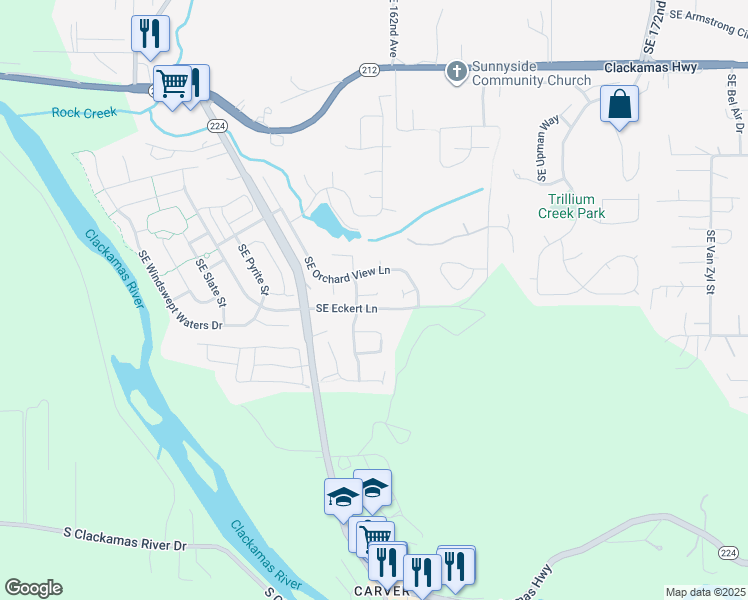 map of restaurants, bars, coffee shops, grocery stores, and more near 16100 Southeast Eider Court in Damascus