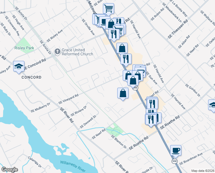 map of restaurants, bars, coffee shops, grocery stores, and more near 3504 Southeast Vineyard Road in Milwaukie