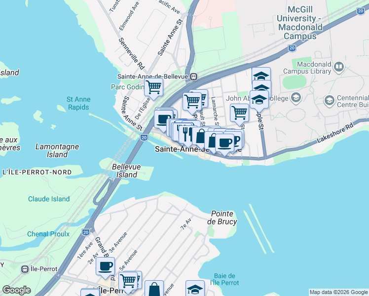 map of restaurants, bars, coffee shops, grocery stores, and more near 94 Rue Sainte Anne in Sainte-Anne-de-Bellevue
