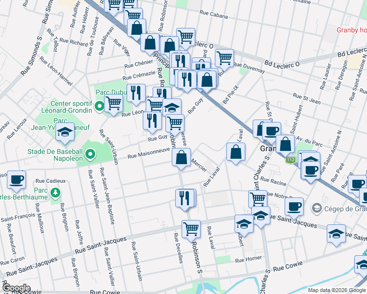 map of restaurants, bars, coffee shops, grocery stores, and more near 92 Rue Sainte-Thérèse in Granby