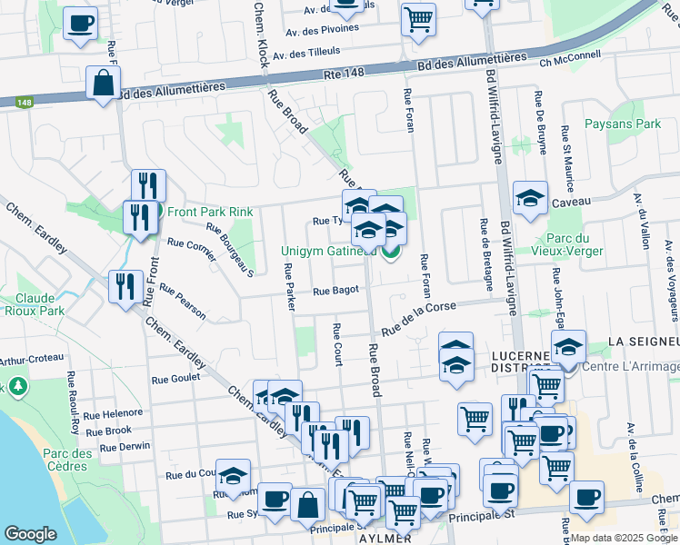 map of restaurants, bars, coffee shops, grocery stores, and more near 100 Rue Mary in Gatineau