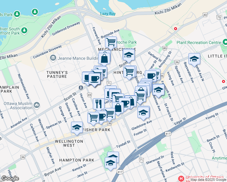 map of restaurants, bars, coffee shops, grocery stores, and more near 309 Parkdale Avenue in Ottawa