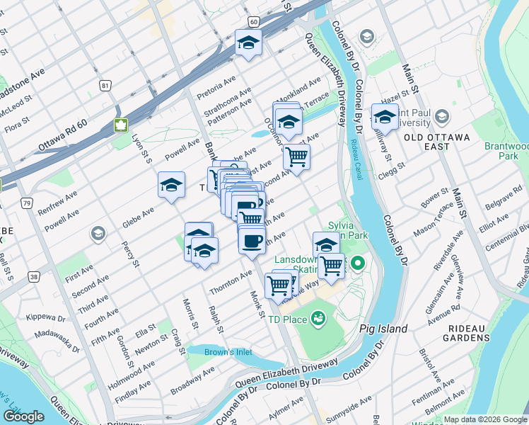 map of restaurants, bars, coffee shops, grocery stores, and more near 92 Third Avenue in Ottawa