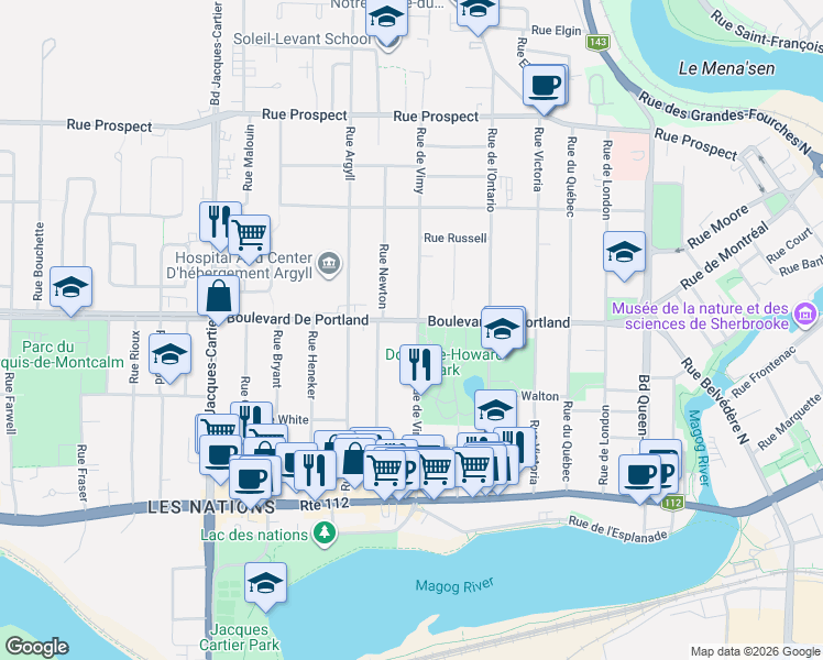 map of restaurants, bars, coffee shops, grocery stores, and more near 315 Rue de Vimy in Sherbrooke