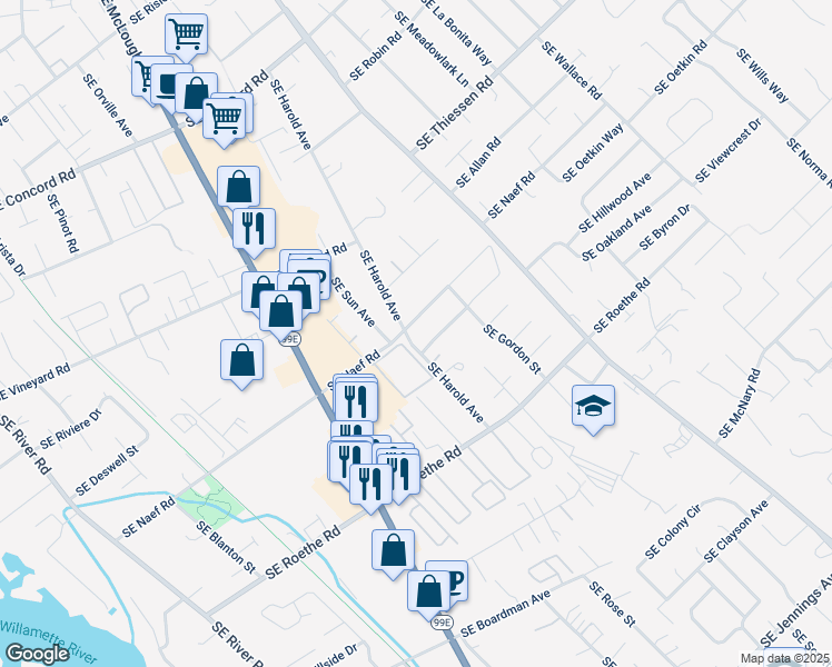 map of restaurants, bars, coffee shops, grocery stores, and more near 16504 Southeast Harold Avenue in Milwaukie