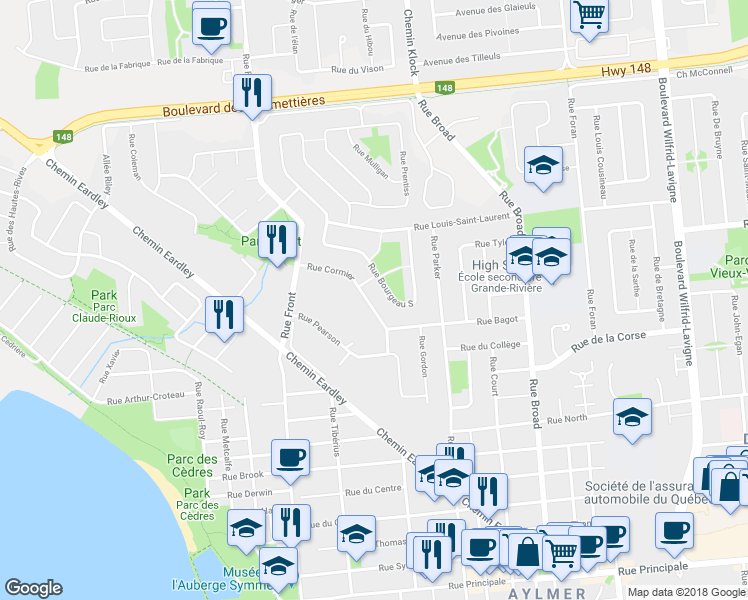 map of restaurants, bars, coffee shops, grocery stores, and more near 17 Rue Cormier in Gatineau