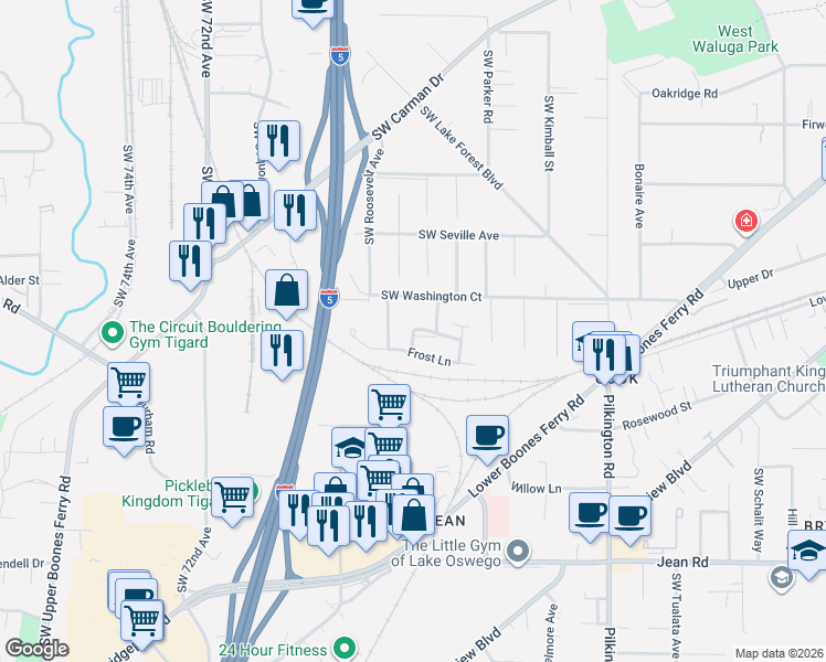 map of restaurants, bars, coffee shops, grocery stores, and more near 16901 Kara Lane in Lake Oswego