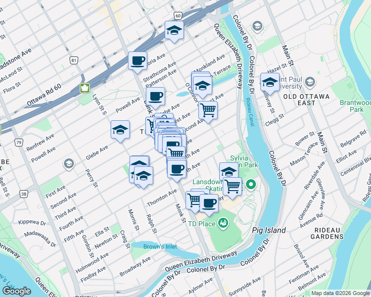 map of restaurants, bars, coffee shops, grocery stores, and more near 92 Third Avenue in Ottawa