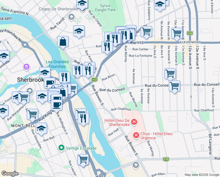 map of restaurants, bars, coffee shops, grocery stores, and more near 181 Rue du Conseil in Sherbrooke