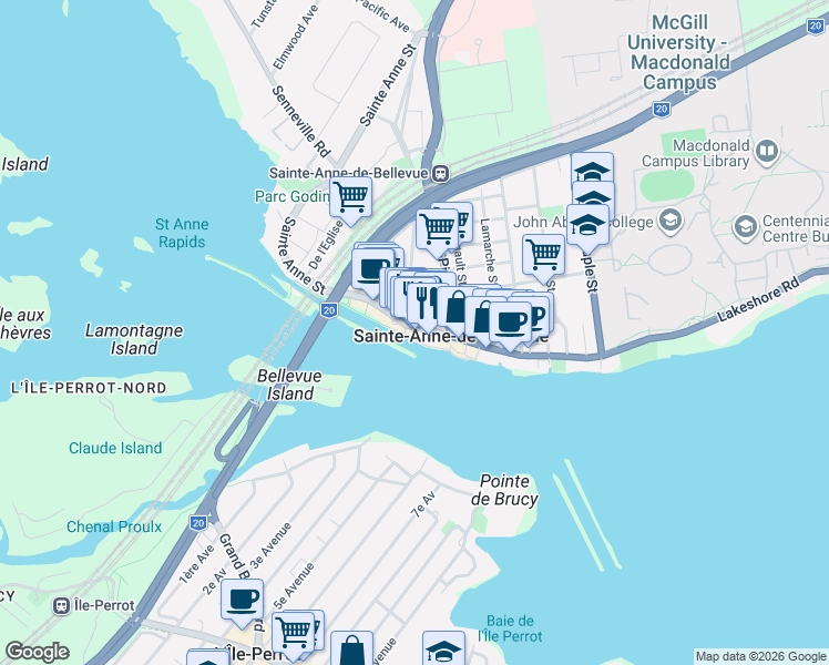 map of restaurants, bars, coffee shops, grocery stores, and more near 100 Rue Sainte Anne in Sainte-Anne-de-Bellevue