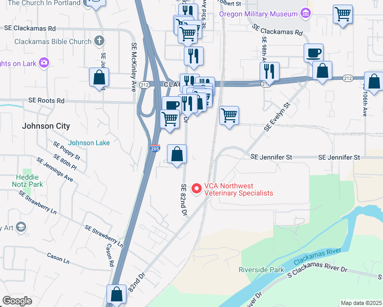 map of restaurants, bars, coffee shops, grocery stores, and more near 16512 Southeast 82nd Drive in Clackamas