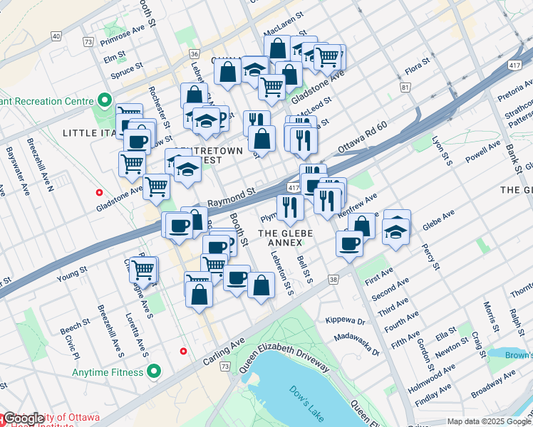 map of restaurants, bars, coffee shops, grocery stores, and more near 233 Plymouth Street in Ottawa