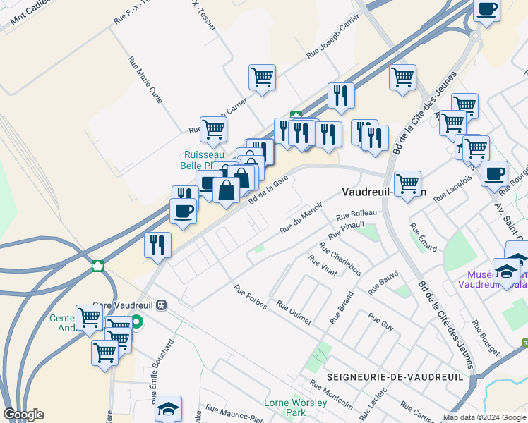 map of restaurants, bars, coffee shops, grocery stores, and more near 3185 Boulevard De La Gare in Vaudreuil-Dorion