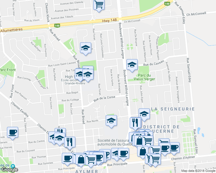 map of restaurants, bars, coffee shops, grocery stores, and more near 22 Croissant de la Paix in Gatineau