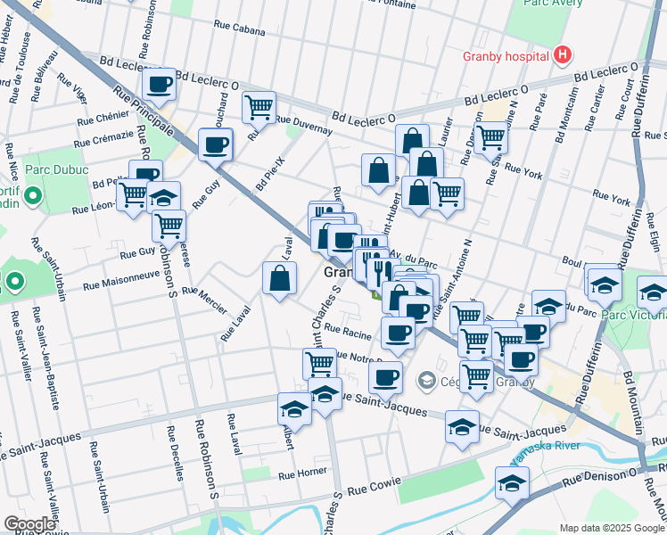 map of restaurants, bars, coffee shops, grocery stores, and more near 405 Rue Principale in Granby