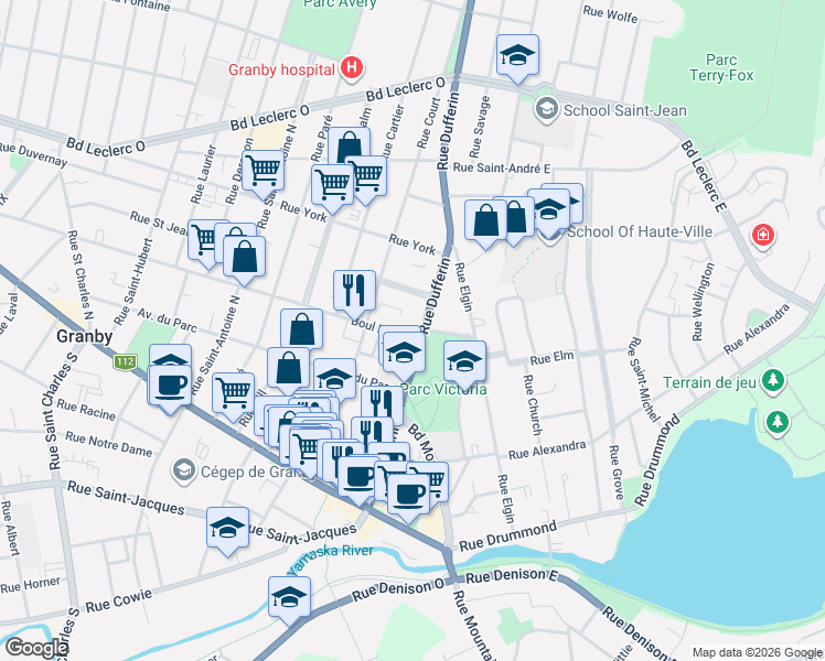 map of restaurants, bars, coffee shops, grocery stores, and more near 132 Rue Dufferin in Granby
