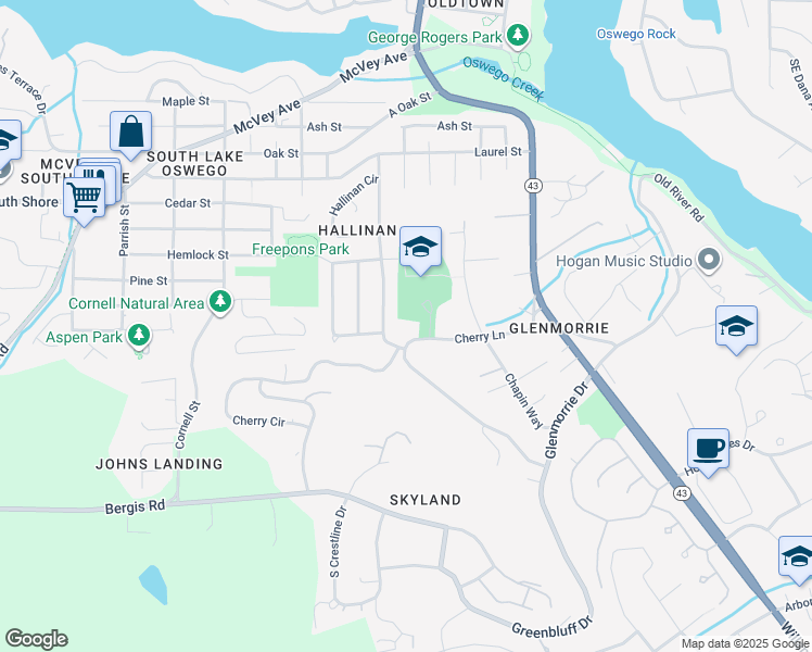 map of restaurants, bars, coffee shops, grocery stores, and more near 1149 Cherry Lane in Lake Oswego