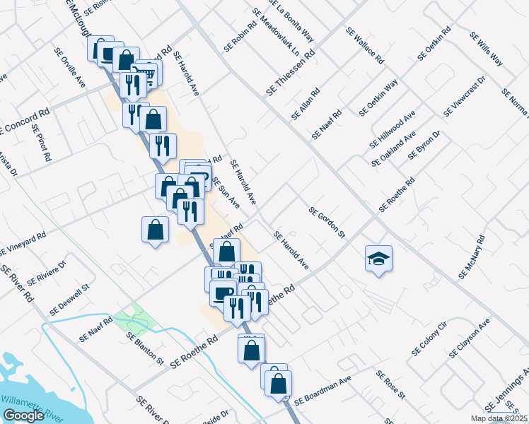 map of restaurants, bars, coffee shops, grocery stores, and more near 16504 Southeast Harold Avenue in Milwaukie