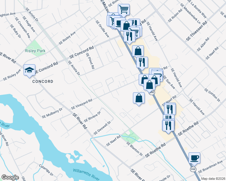 map of restaurants, bars, coffee shops, grocery stores, and more near 3407 Southeast Vineyard Road in Milwaukie