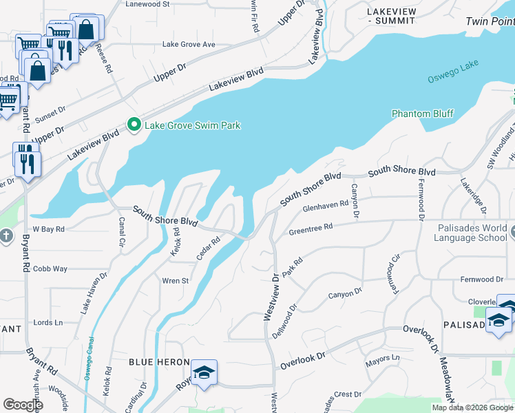 map of restaurants, bars, coffee shops, grocery stores, and more near 16871 Greenbrier Road in Lake Oswego
