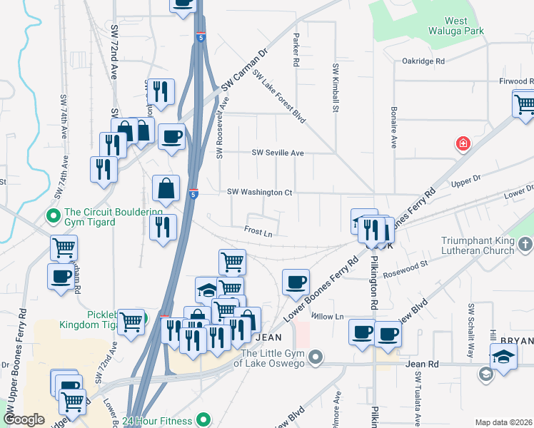 map of restaurants, bars, coffee shops, grocery stores, and more near 16889 Wight Lane in Lake Oswego
