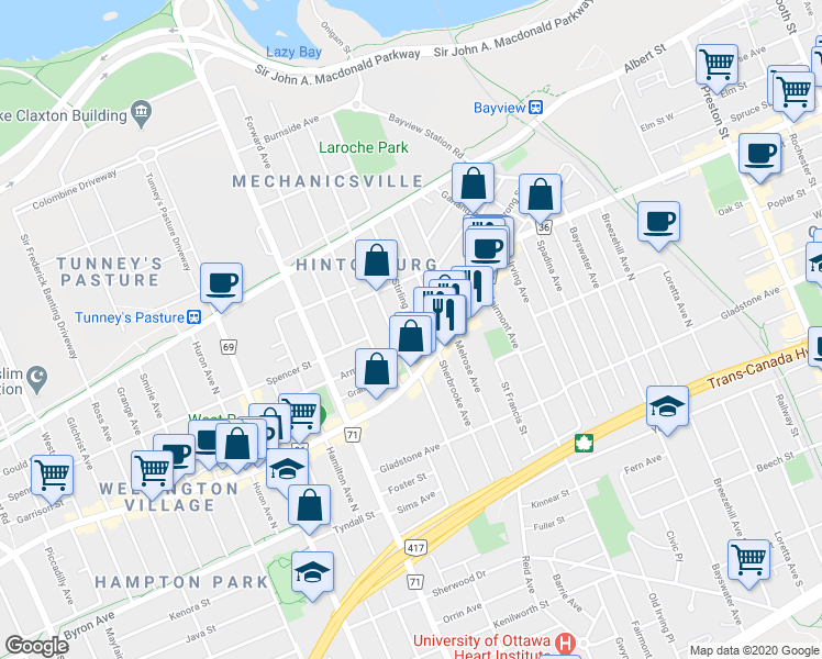 map of restaurants, bars, coffee shops, grocery stores, and more near in Ottawa