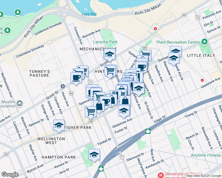 map of restaurants, bars, coffee shops, grocery stores, and more near 226 Carruthers Avenue in Ottawa