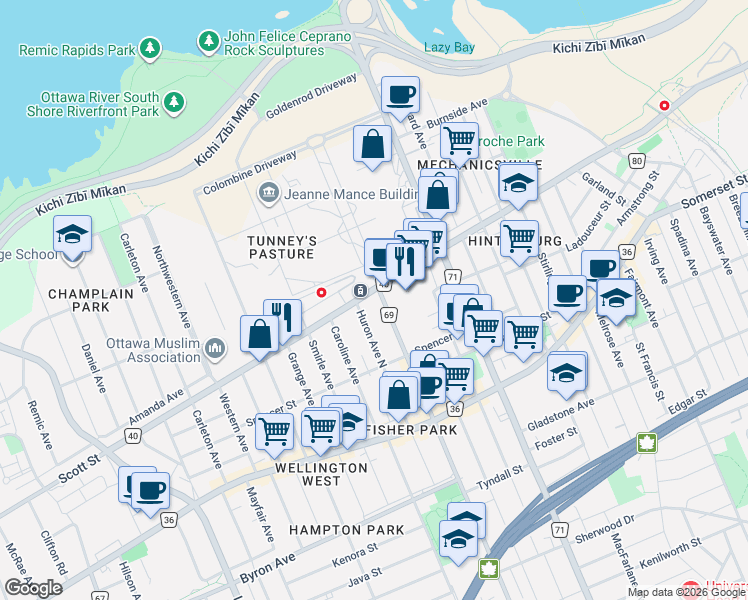 map of restaurants, bars, coffee shops, grocery stores, and more near in Ottawa