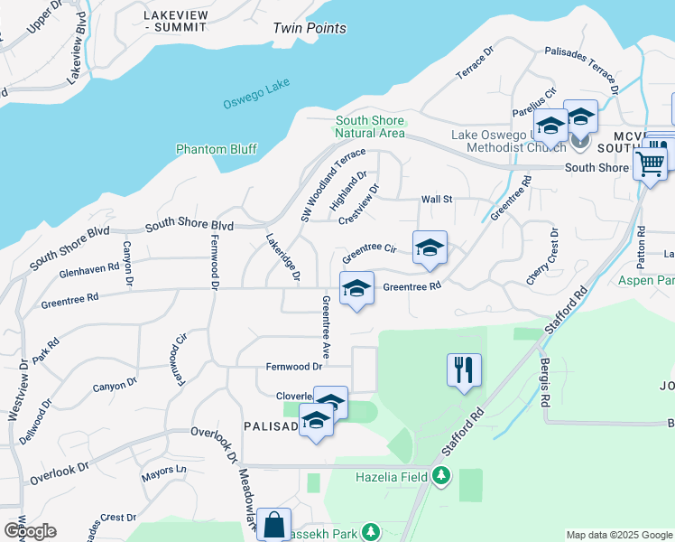 map of restaurants, bars, coffee shops, grocery stores, and more near 1445 Greentree Circle in Lake Oswego