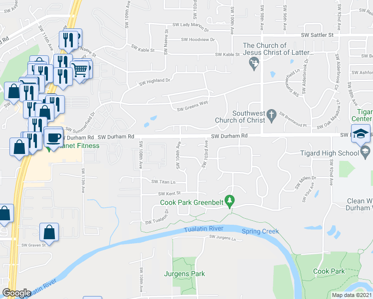 map of restaurants, bars, coffee shops, grocery stores, and more near 10372 Southwest Keri Court in Tigard